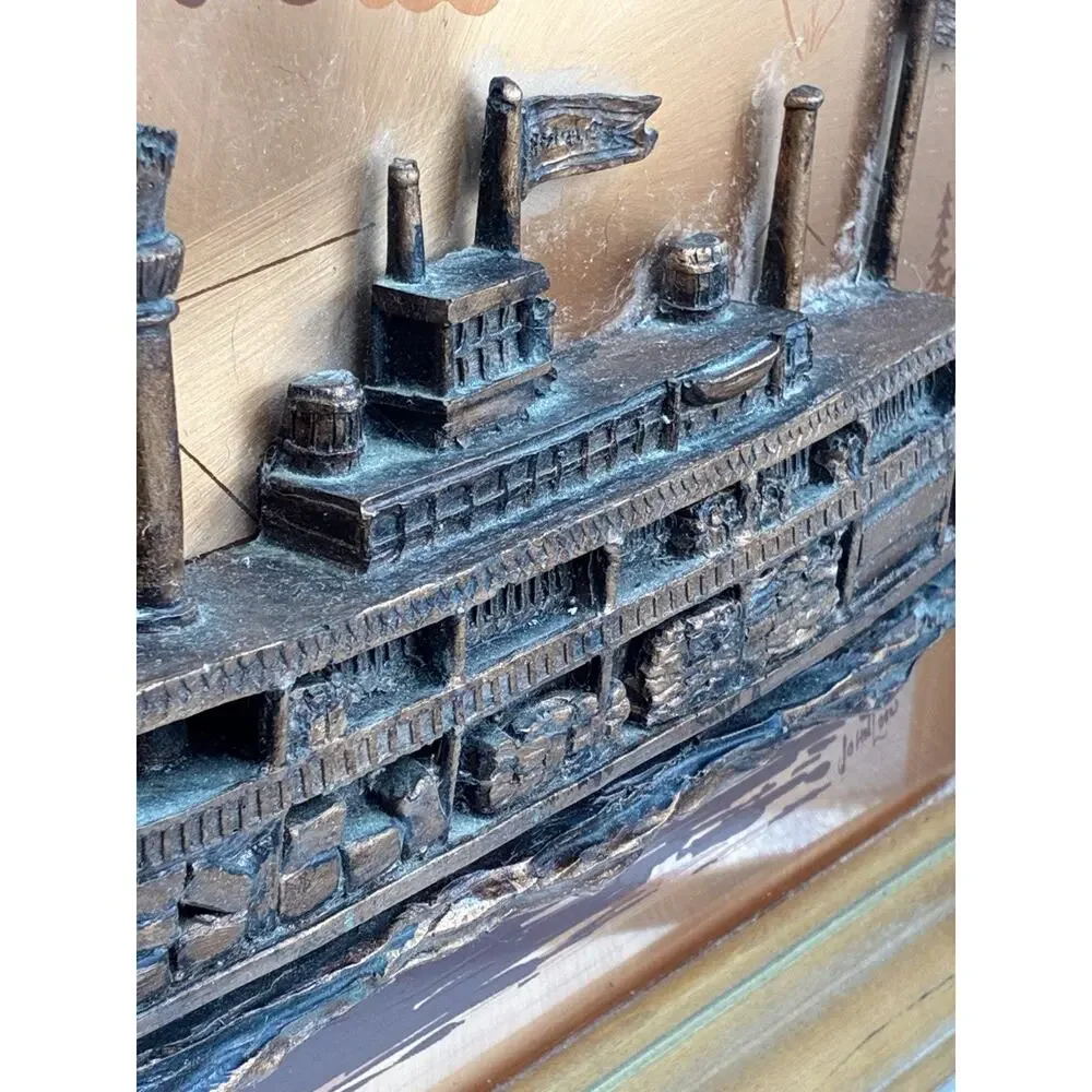 Signed John Louw 3D Copper Steamboat Riverboat Wall Art Framed 16x13
